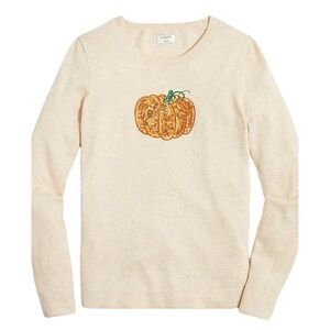 J. Crew Cream Crewneck Sweater with Embroidered Orange Pumpkin